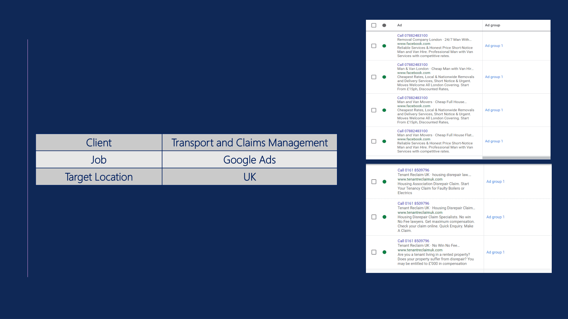 Transport and Claims Management Google Ads